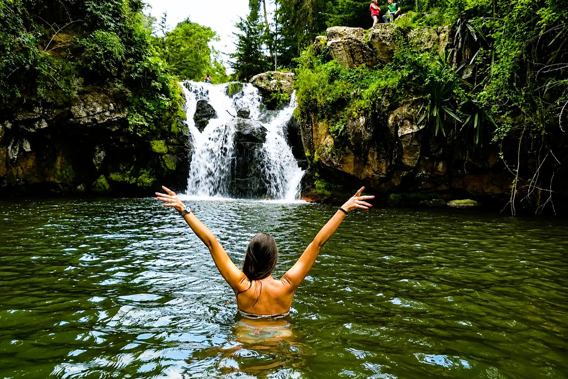 Visitor swimming below a waterfall in a forest pool