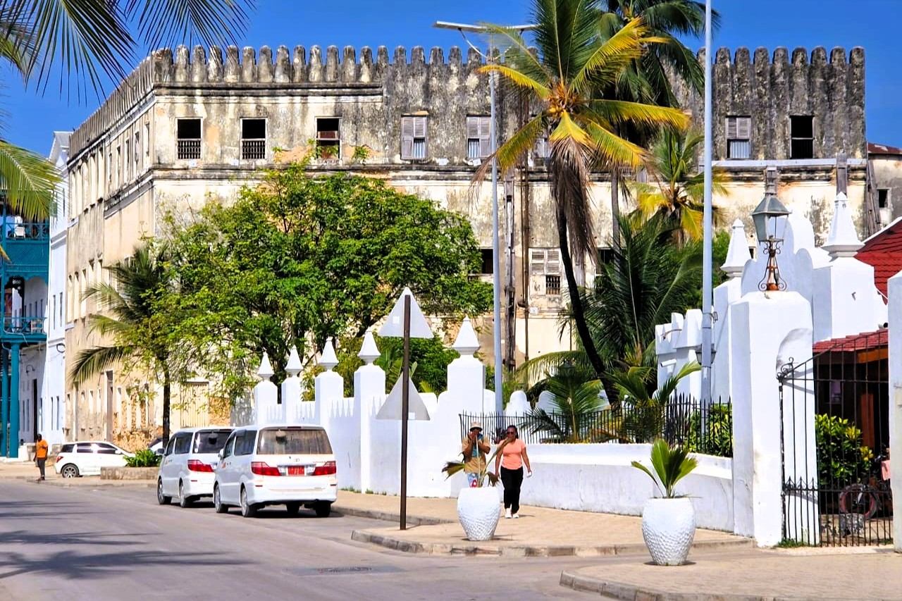 Historic stone buildings and palm trees beside a Stone Town street